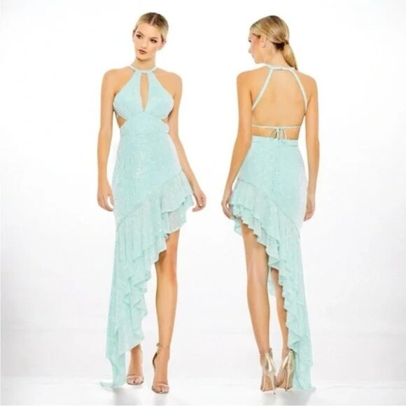 Ieena Mac Duggal 11274 Aqua Blue Sequin Halter Cut Out Ruffle Asymmetric Dress - Picture 1 of 5